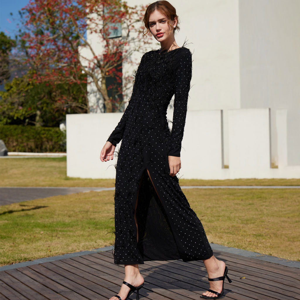 Elegant Faux Feather Rhinestone Mesh Long Sleeve High Split Evening Maxi Dress