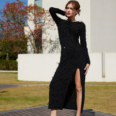 Elegant Faux Feather Rhinestone Mesh Long Sleeve High Split Evening Maxi Dress