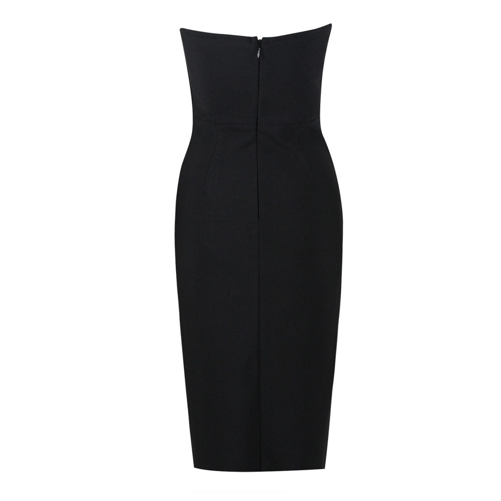 Elegante vestido midi de vendaje con escote pronunciado y abertura lateral, con cuentas de perlas sintéticas - Negro