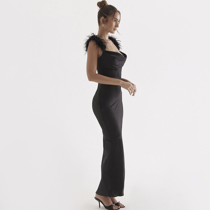 Elegant Feather Trim Draped Cowl Neck Satin Maxi Evening Dress - Black