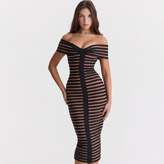 Elegant Off The Shoulder Contrast Black and Nude Bodycon Midi Bandage Dress