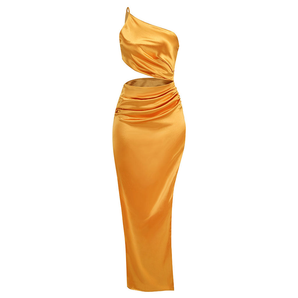 Elegantes Maxi-Abendkleid aus Satin mit One-Shoulder-Ausschnitt, Schlitz und gerüschtem Oberschenkel