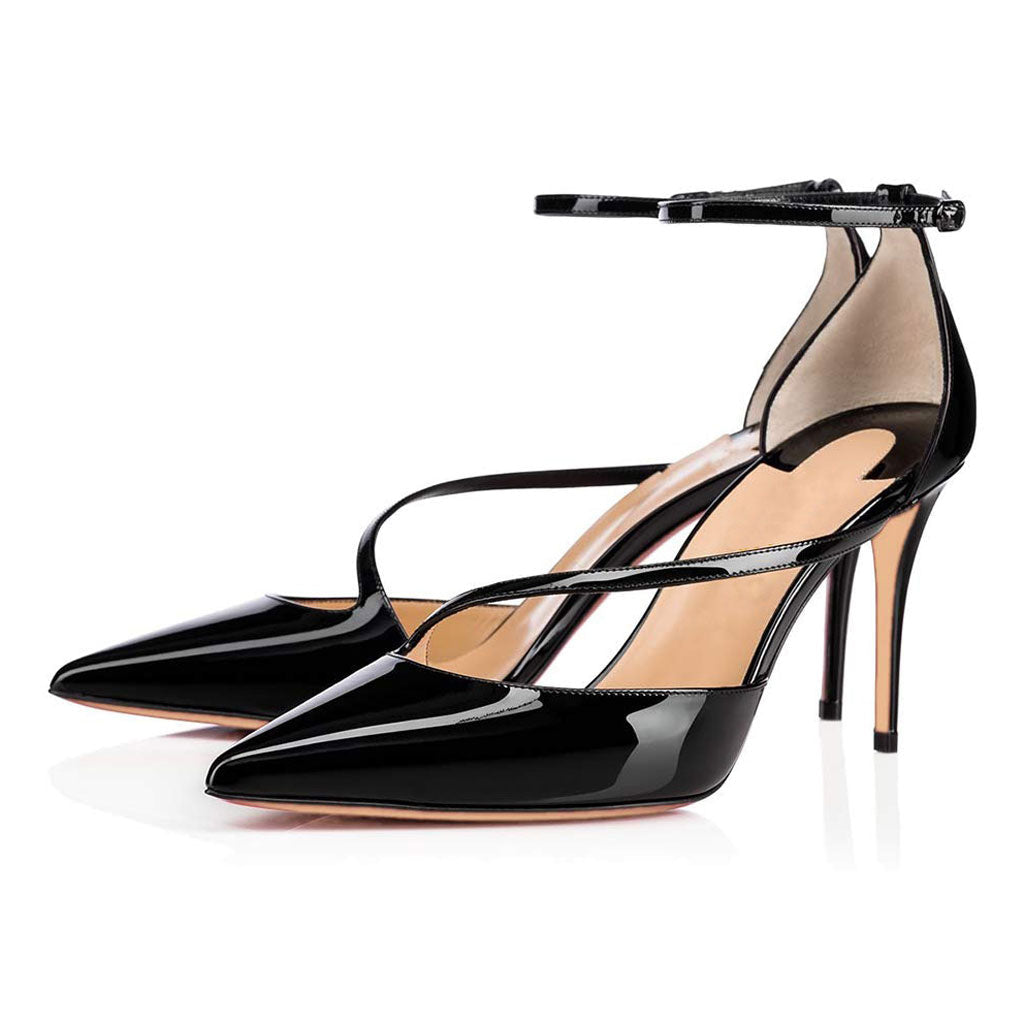 Elegant Pointed Toe Ankle Strap Patent Leather Stiletto Pumps - Black