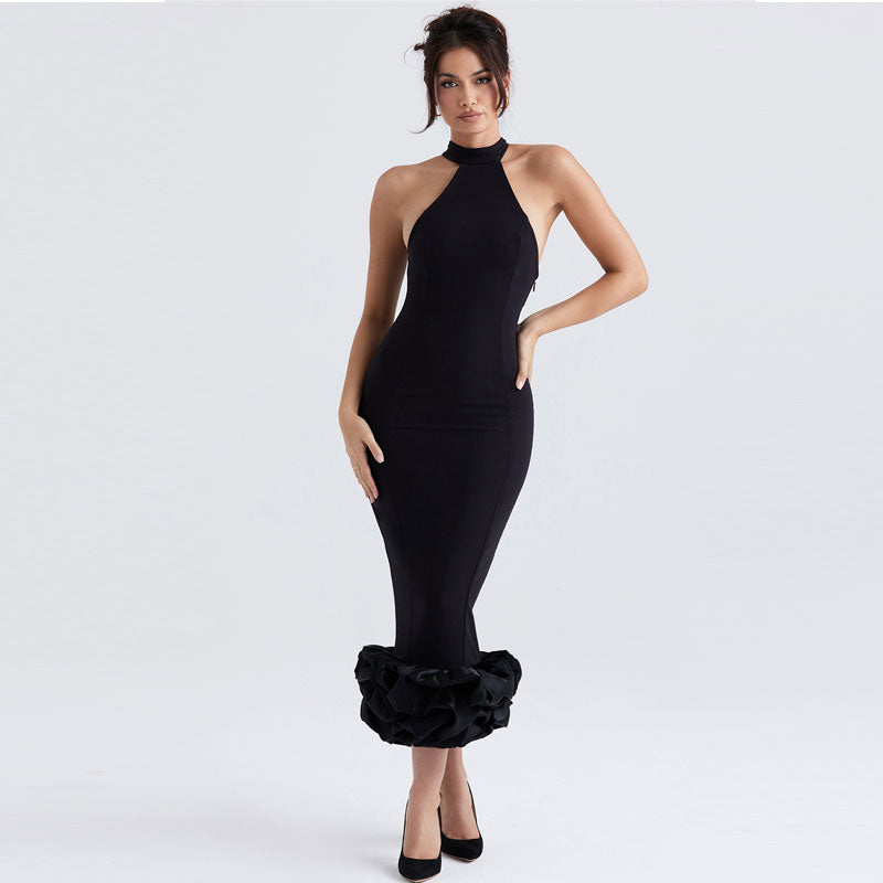 Elegante vestido midi ajustado sin mangas con cuello alto y ribete de volantes - Negro