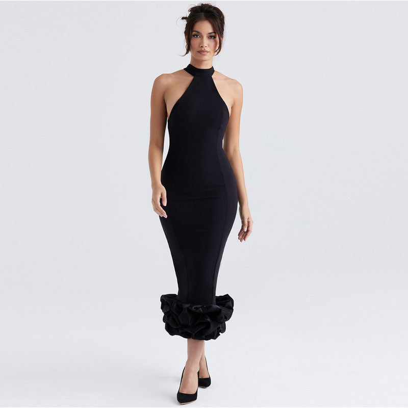 Elegante vestido midi ajustado sin mangas con cuello alto y ribete de volantes - Negro