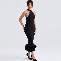 Elegante vestido midi ajustado sin mangas con cuello alto y ribete de volantes - Negro