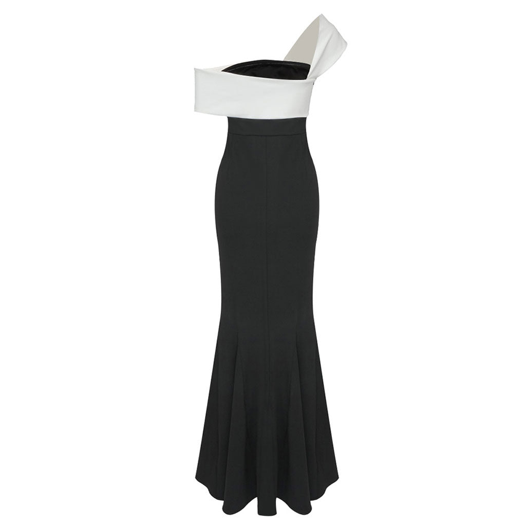 Elegant Style White and Black Twist One Shoulder Jersey Fishtail Maxi Dress