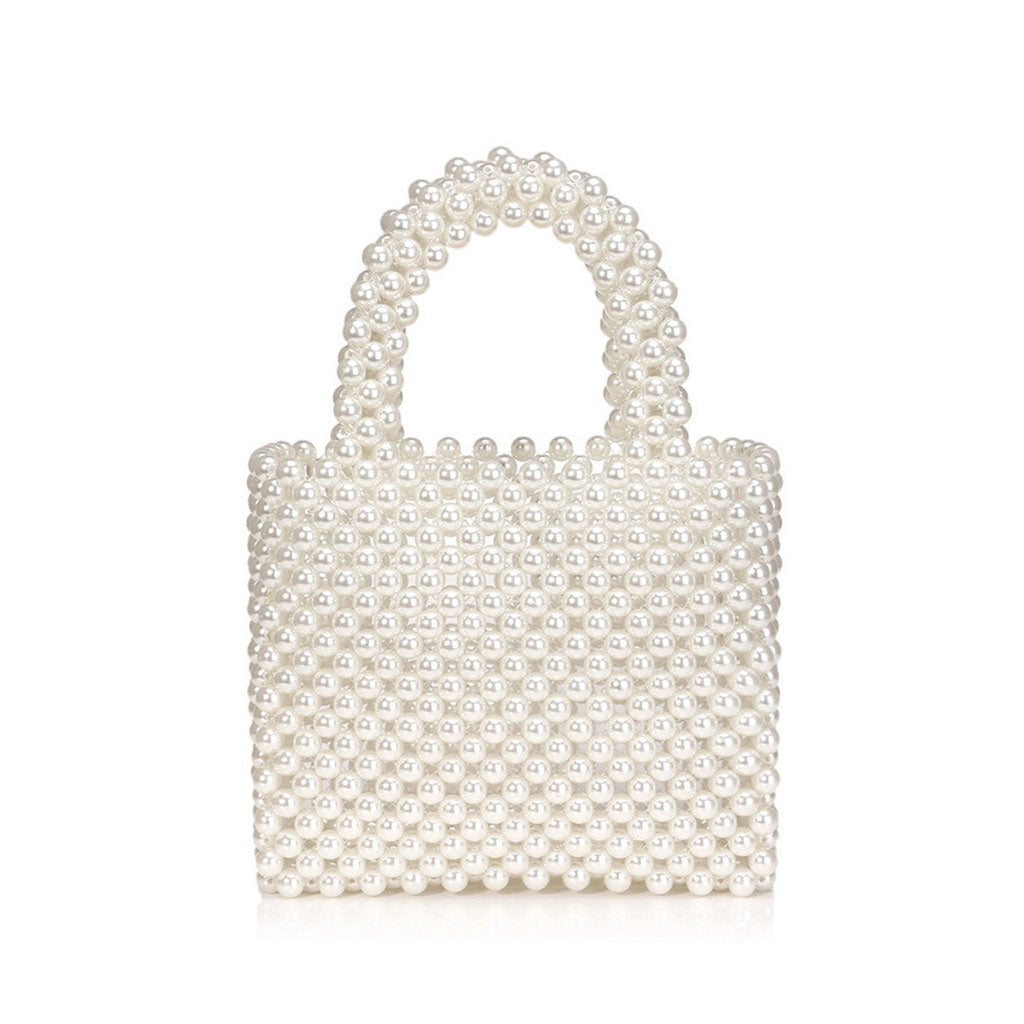 Elegante bolso de mano con asa superior, tejido a mano y cuentas perladas - Blanco