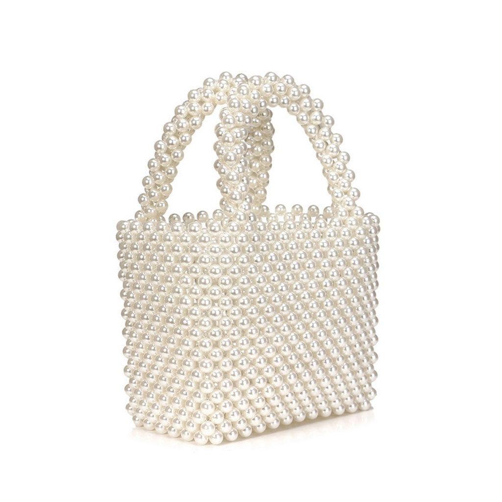 Elegante bolso de mano con asa superior, tejido a mano y cuentas perladas - Blanco