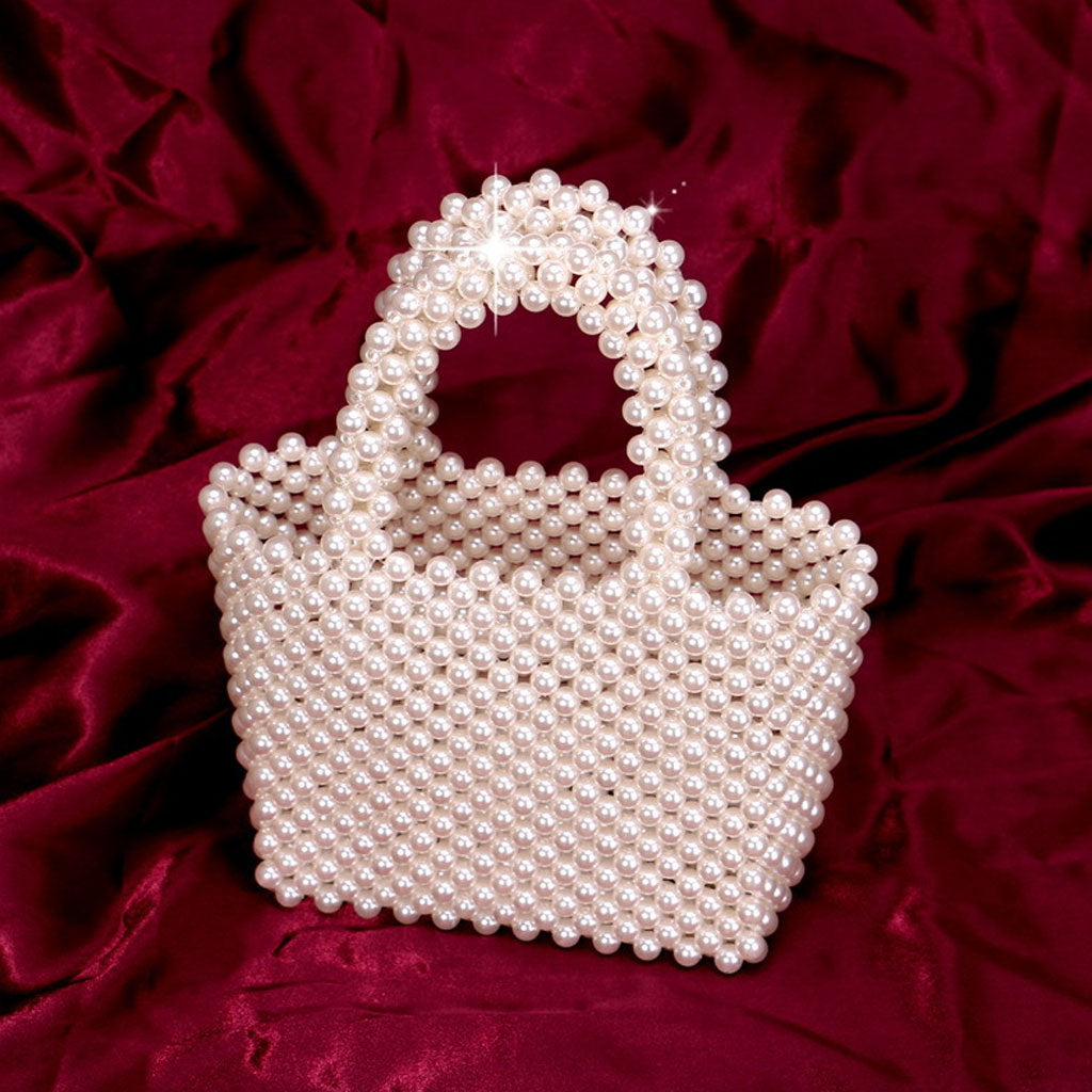 Elegante bolso de mano con asa superior, tejido a mano y cuentas perladas - Blanco