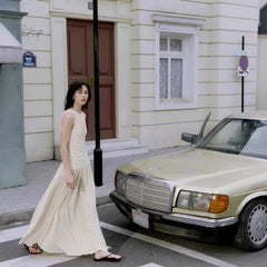 Elegante vestido blanco de cuello redondo para mujer, listo para verano y fiestas.