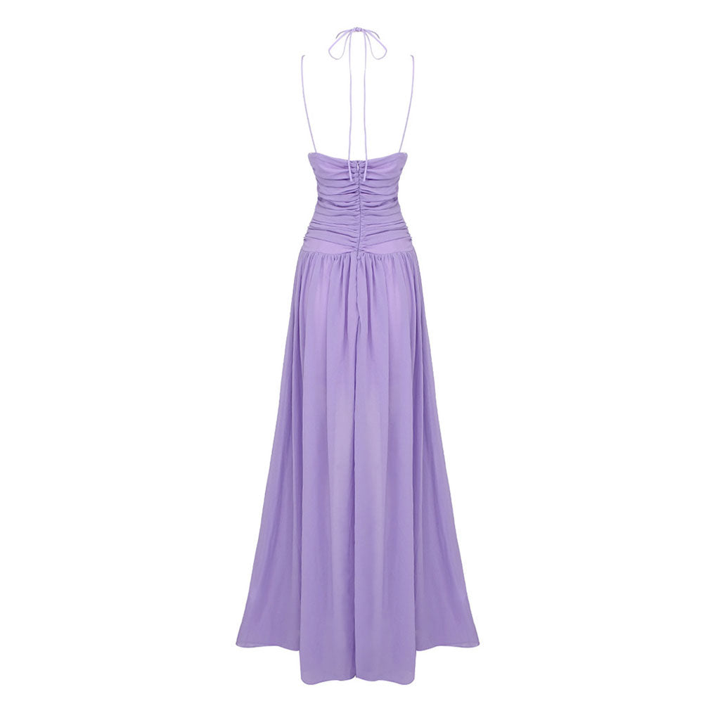 Ätherisches Neckholder-Maxi-Abendkleid mit gerafftem Ausschnitt, Cut-out, Chiffon, ärmellos