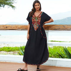 Ethnic Embroidered V Neck Short Sleeve Split Caftan Beach Cover Up