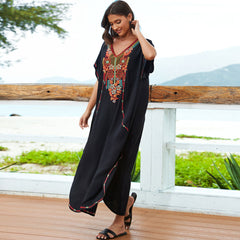 Ethnic Embroidered V Neck Short Sleeve Split Caftan Beach Cover Up