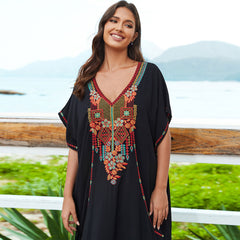 Ethnic Embroidered V Neck Short Sleeve Split Caftan Beach Cover Up