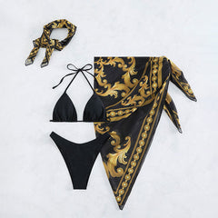 Ethnic Floral Cover Up High Leg Triangle Brazilian Three Piece Bikini Swimsuit