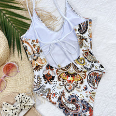 Ethnic Paisley Print High Cut Open Back Brazilian One Piece Swimsuit