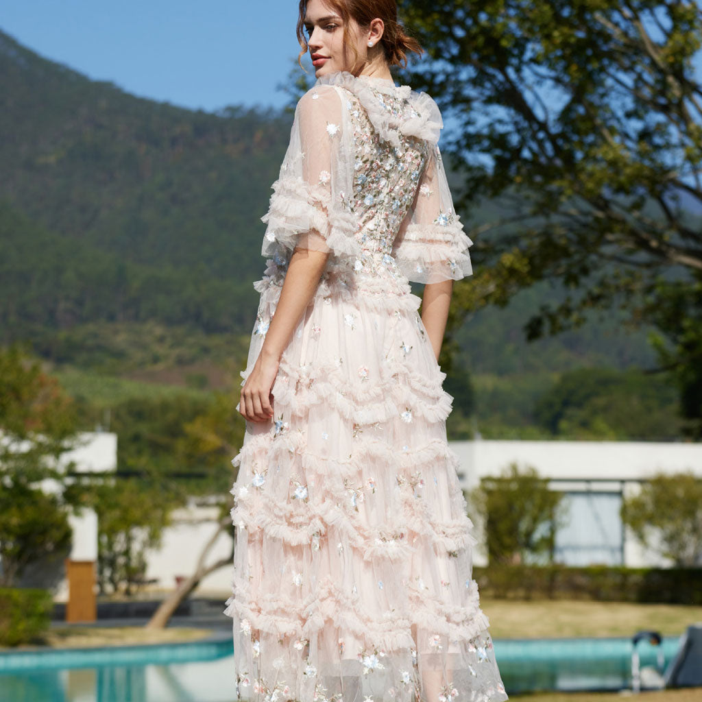 Exquisite Bell Sleeve Summer Tiered Ruffle Embroidered Floral Tulle Maxi Dress