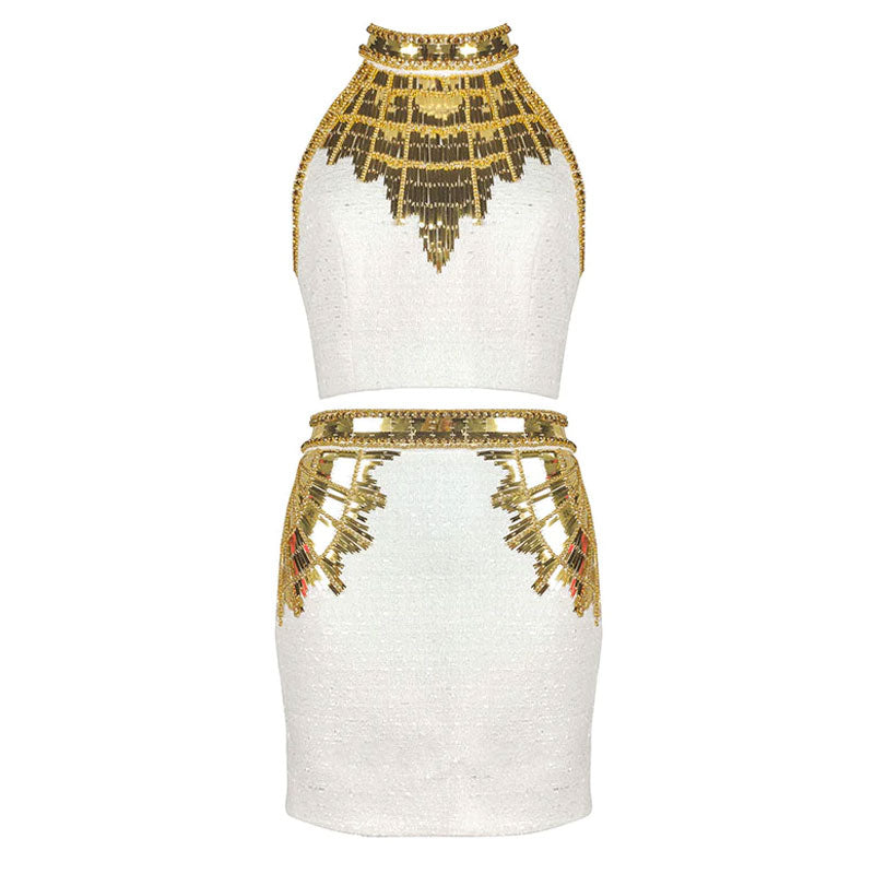 Exquisite Golden Tone Sequin Beaded Halter Neck Cropped Tweed Top