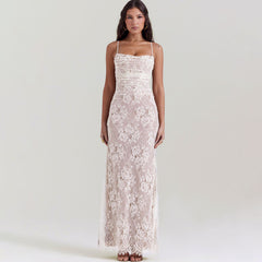 Exquisite Shrug Spaghetti Strap Sleeveless Ruched Evening Maxi Floral Lace Dress