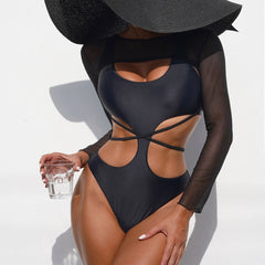 Fabulous Crisscross Trim Long Sleeve Monokini Brazilian One Piece Swimsuit