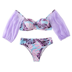 Fairy Cheeky Leaf Print Puff Sleeve Push Up Brazilian Two Piece Bikini Swimsuit