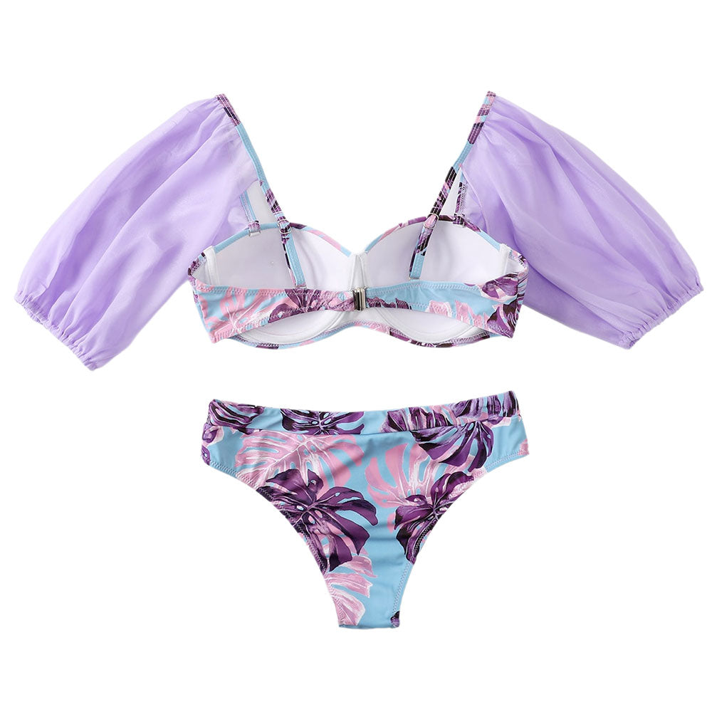 Fairy Cheeky Leaf Print Puff Sleeve Push Up Brazilian Two Piece Bikini Swimsuit