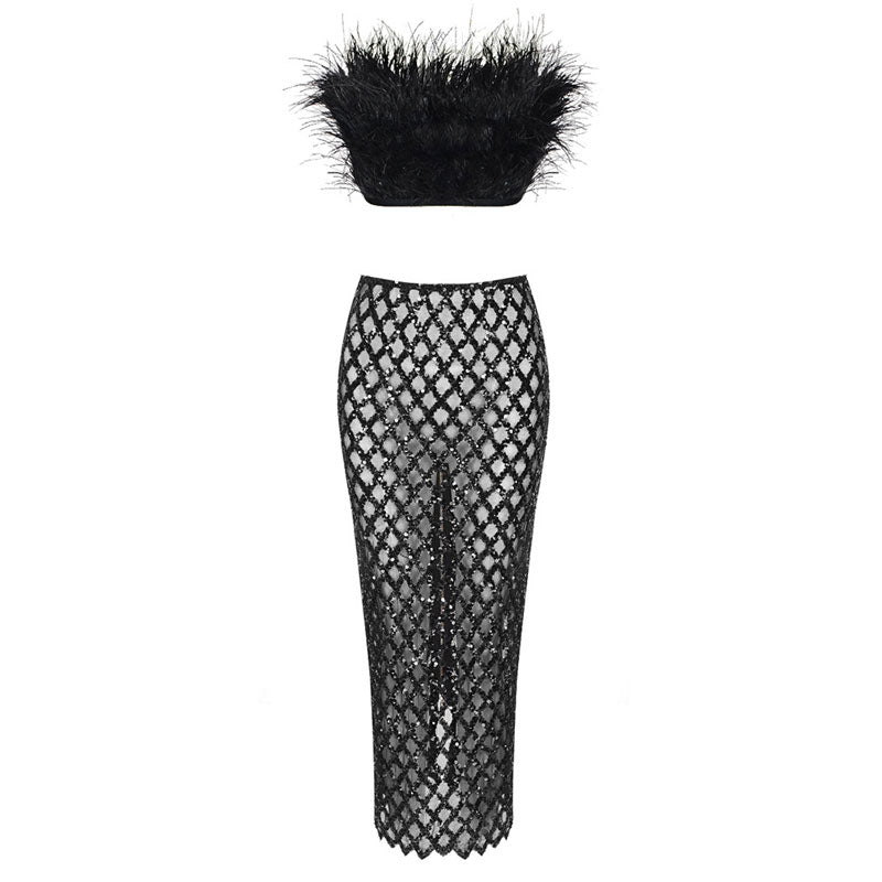 Conjunto de falda de tiro alto con malla de diamante y ribete de plumas sintéticas - Negro