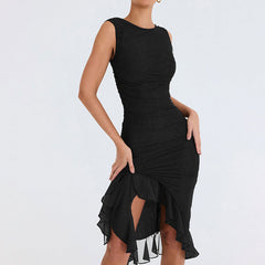 Feminine Crew Neck Sleeveless Ruched Mesh Bodycon Ruffle Midi Party Dress