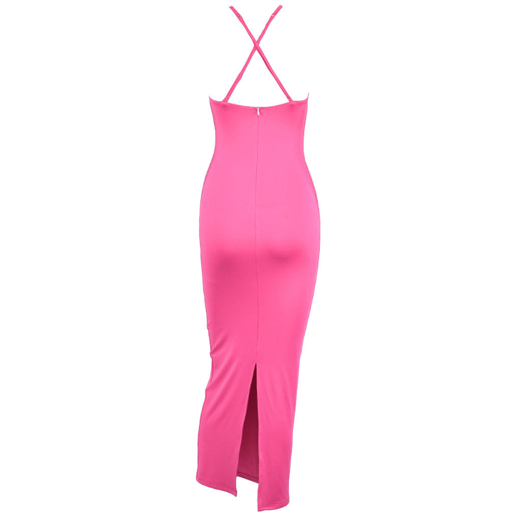 Feminine Criss Cross Sleeveless Slit Ruched Cutout Midi Dress - Hot Pink