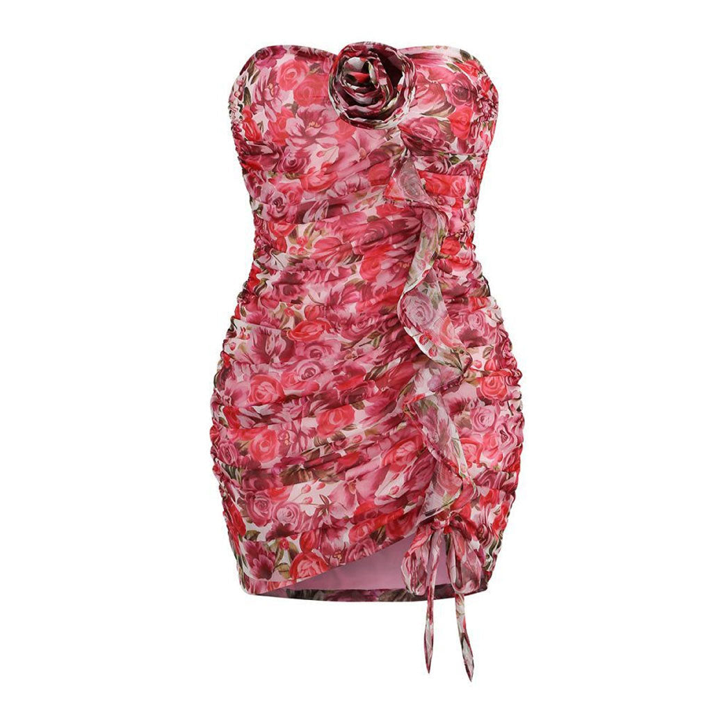 Vestido mini de tubo fruncido con escote en forma de corazón, estampado floral y rosetas