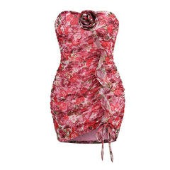 Vestido mini de tubo fruncido con escote en forma de corazón, estampado floral y rosetas