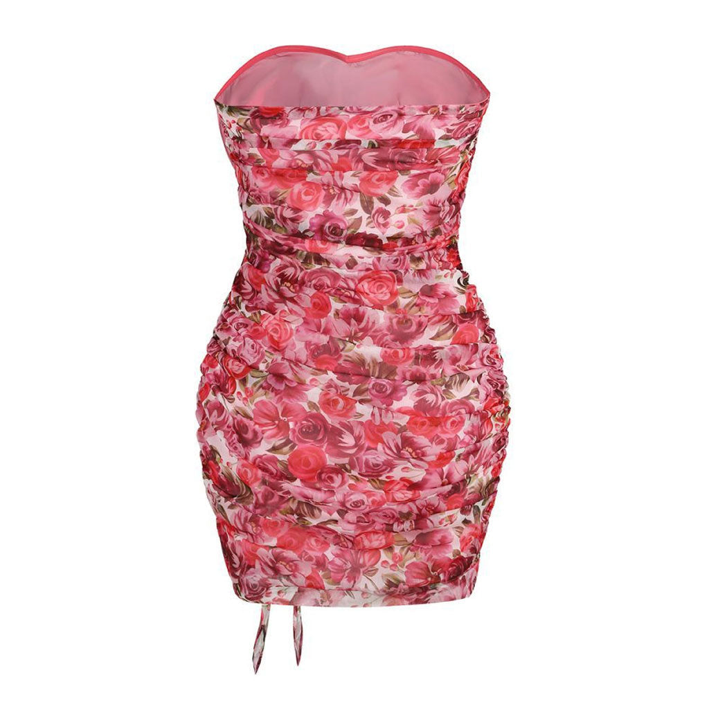 Vestido mini de tubo fruncido con escote en forma de corazón, estampado floral y rosetas