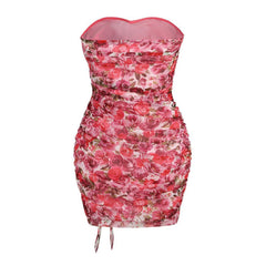 Vestido mini de tubo fruncido con escote en forma de corazón, estampado floral y rosetas