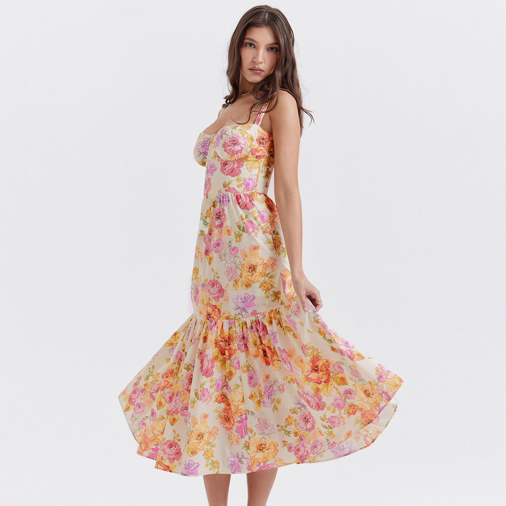 Feminine Floral Print Sweetheart Suspender Strap Fit and Flare Midi Sundress