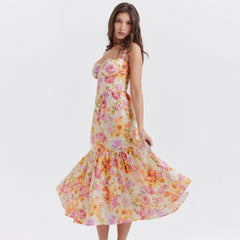 Feminine Floral Print Sweetheart Suspender Strap Fit and Flare Midi Sundress