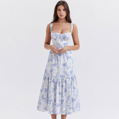 Feminine Floral Print Sweetheart Suspender Strap Fit and Flare Midi Sundress