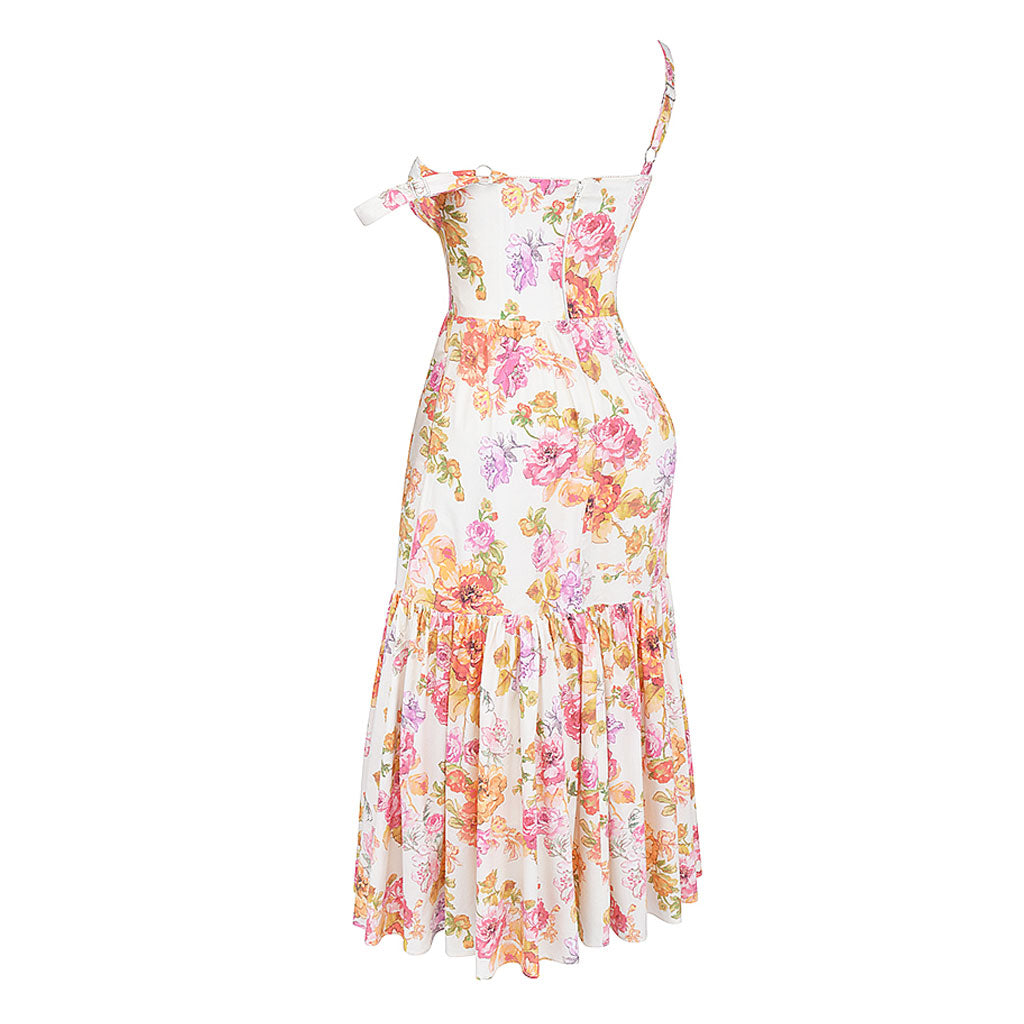 Feminines Midi-Sommerkleid mit Blumenmuster, Herzausschnitt und Strumpfhaltern