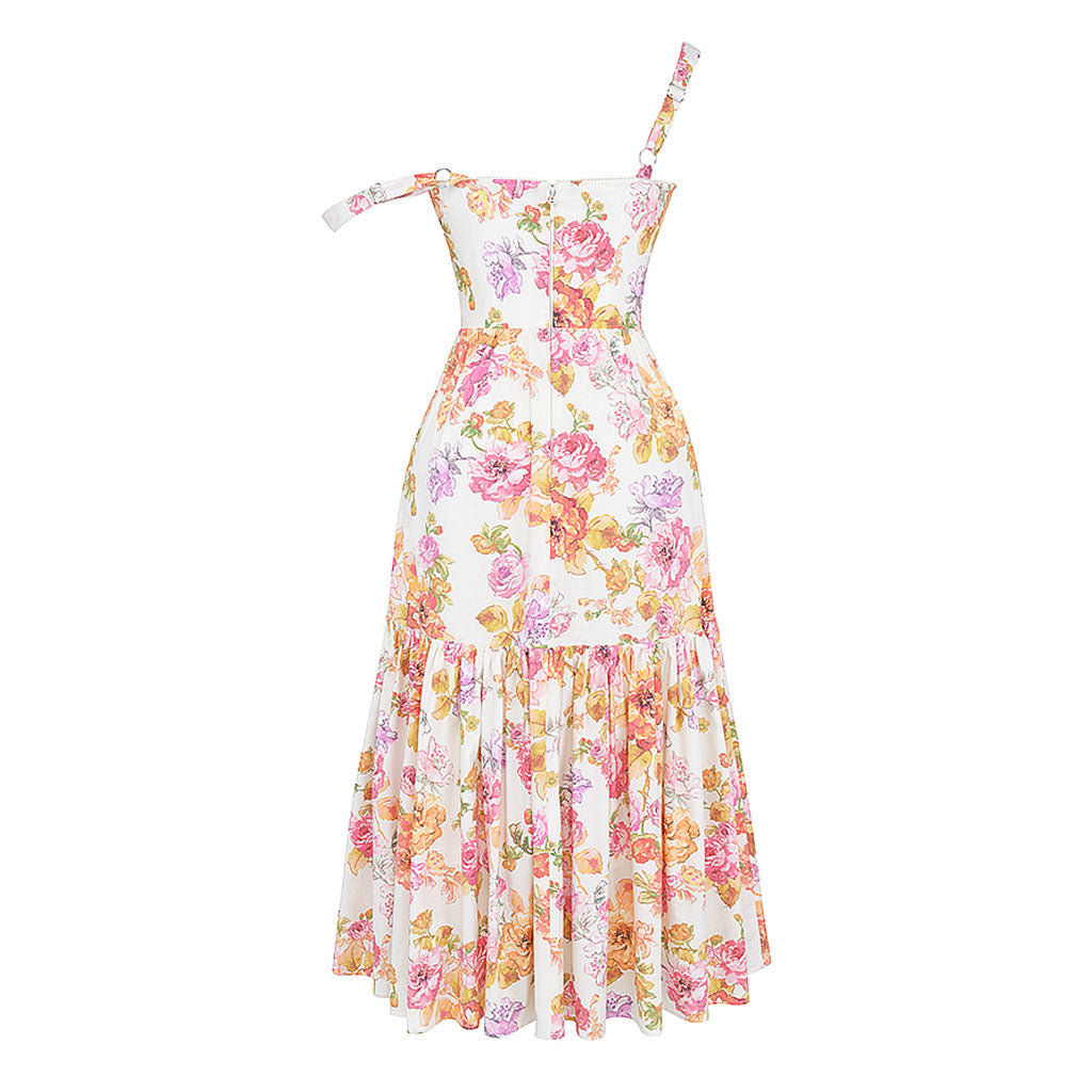 Feminines Midi-Sommerkleid mit Blumenmuster, Herzausschnitt und Strumpfhaltern