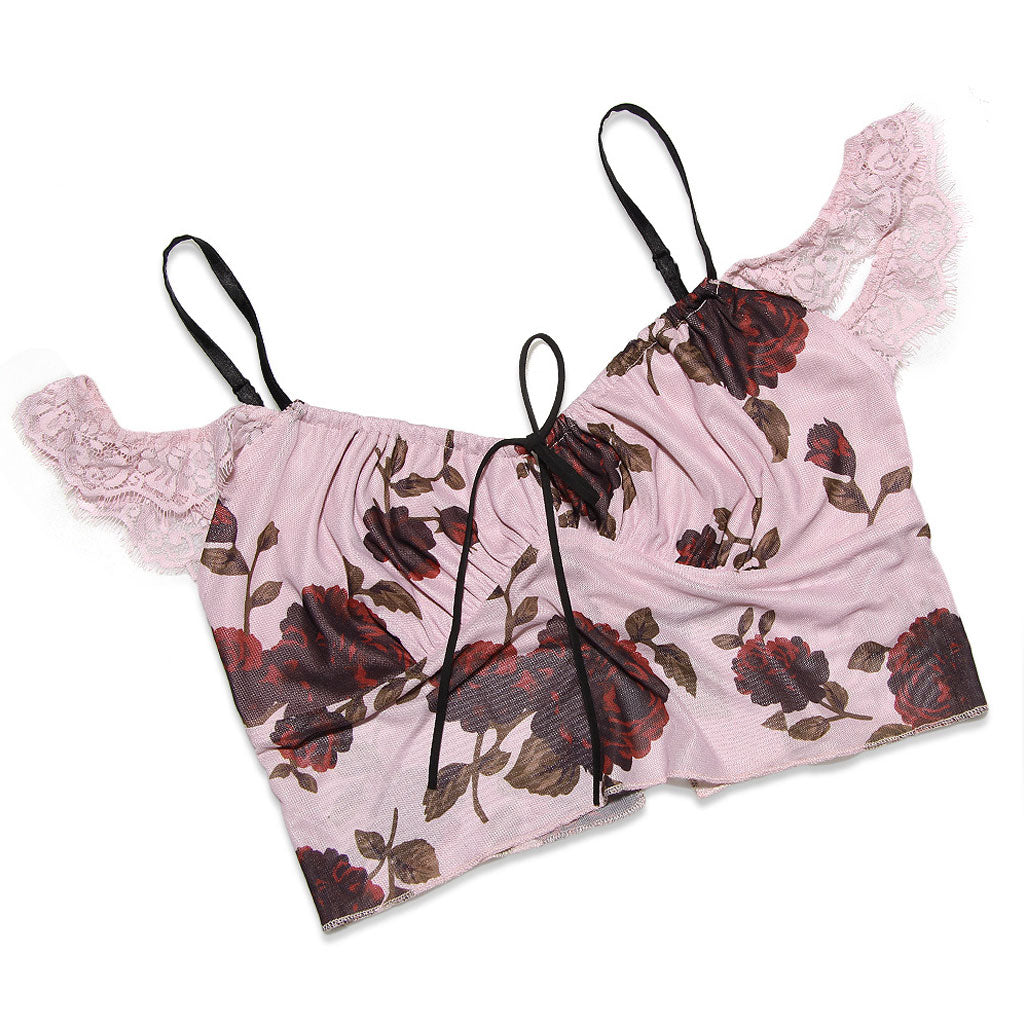 Feminine Floral Tie Front Off The Shoulder Cropped Mesh Top Matching Set