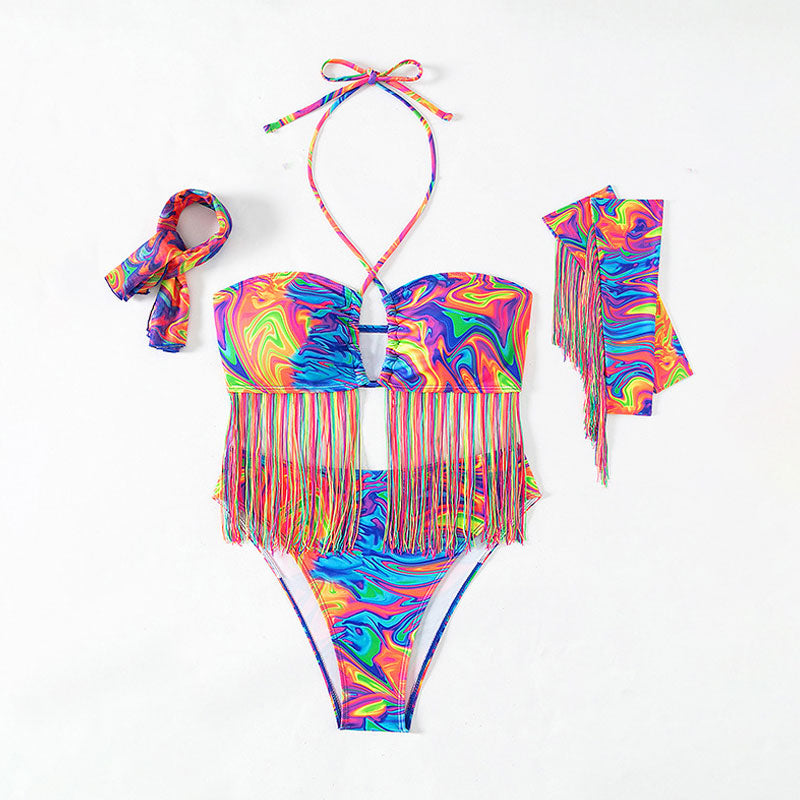 Traje de baño bikini brasileño de cuatro piezas con cuello halter y ondas con efecto tie-dye y flecos para festivales