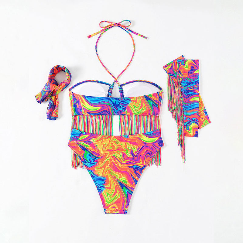 Traje de baño bikini brasileño de cuatro piezas con cuello halter y ondas con efecto tie-dye y flecos para festivales