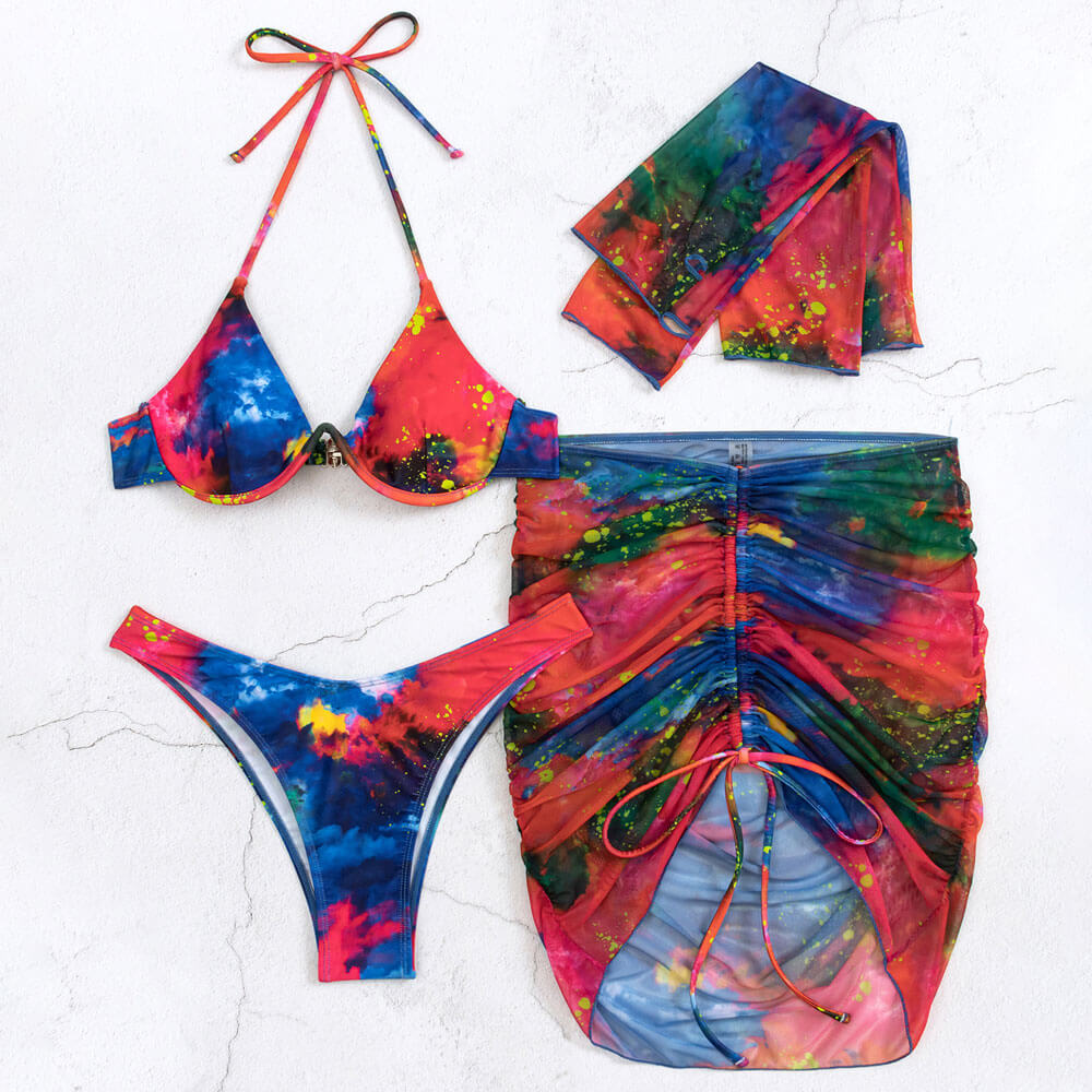 Traje de baño bikini brasileño de cuatro piezas con aros, corte alto y guantes teñidos con efecto tie-dye