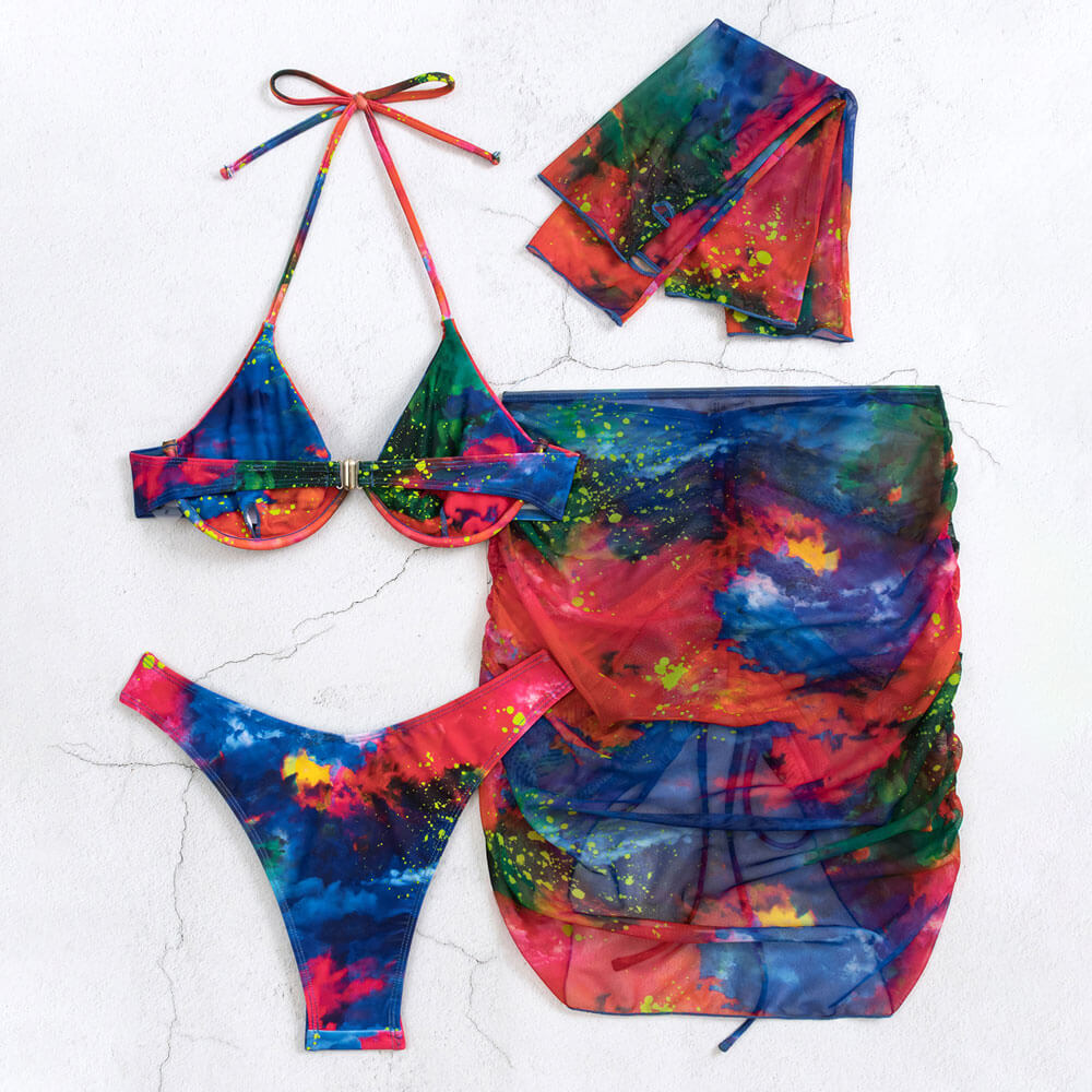 Traje de baño bikini brasileño de cuatro piezas con aros, corte alto y guantes teñidos con efecto tie-dye