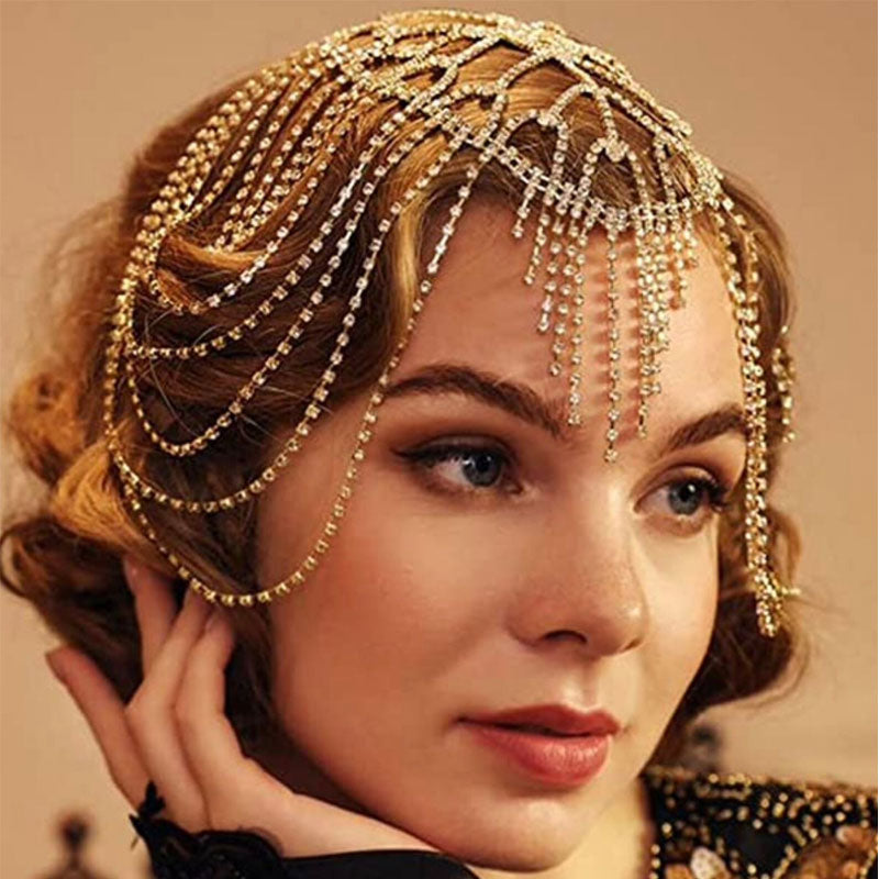 Flapper Rhinestone Embellished Caged Chain Tassel Headpiece - Silver