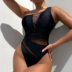 Flattering Cheeky Sheer Mesh Panel One Shoulder Brazilian One Piece Swimsuit