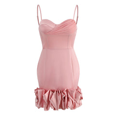 Flattering Ruched Mesh Panel Sweetheart Ruffle Cami Satin Bodycon Mini Party Dress