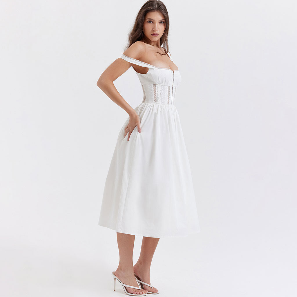 Schmeichelhaftes Midi-Sommerkleid mit quadratischem Ausschnitt und Strumpfhaltern, transparenter Spitze und ausgestelltem Schnitt