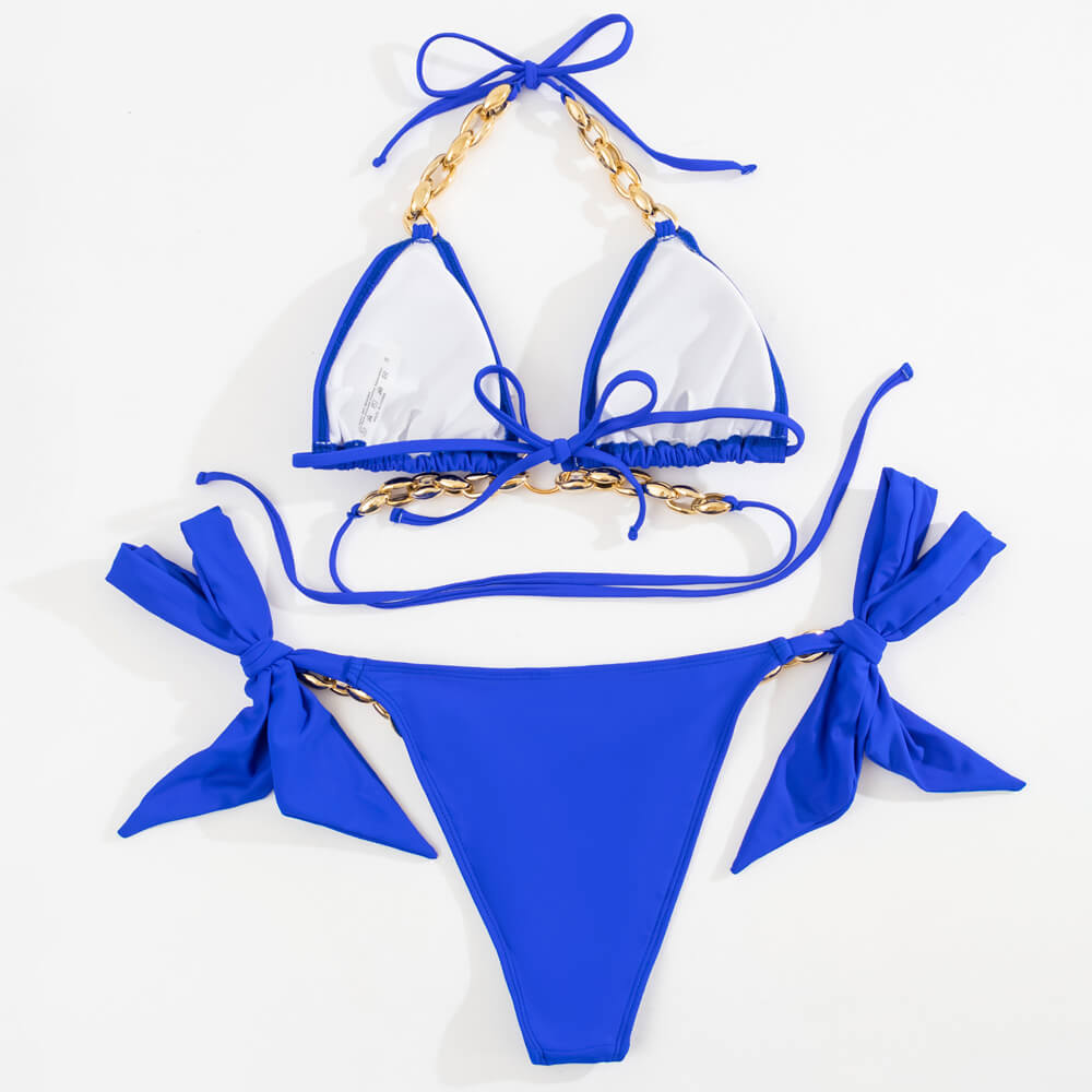 Traje de baño de bikini brasileño de dos piezas con diseño atrevido, de triángulo y tirantes con cadena y lazo