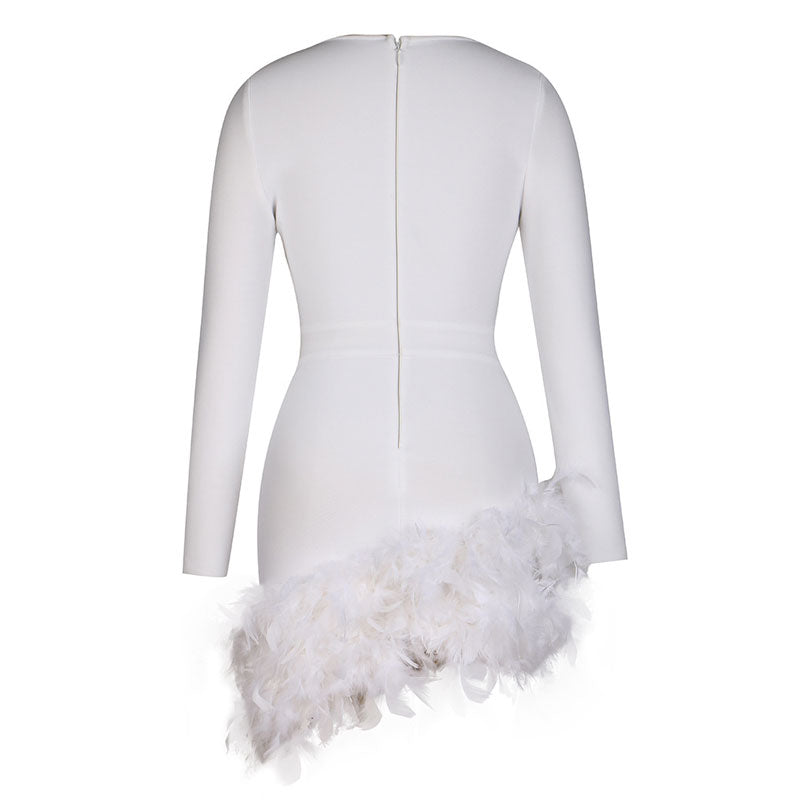 Flirty Faux Feather Trim Plunging Long Sleeve Mini Bandage Dress - White